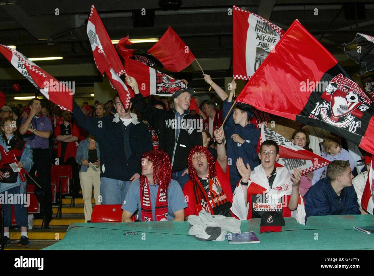 Bournemouth's fans wait for the start of their Nationwide Division 3 play-off final against Lincoln City at the Millennium Stadium in Cardiff. NO UNOFFICIAL CLUB WEBSITE USE. Stock Photo