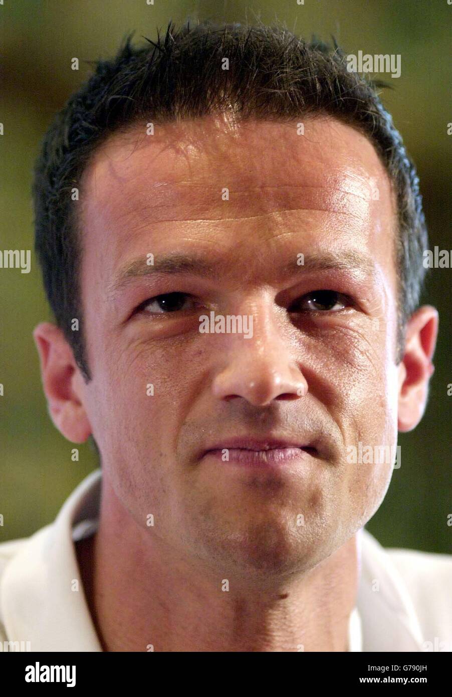 Germany's Fredi Bobic talks with the media at Crutherland House Hotel, East Kilbride ahead of the Euro 2004 qualifier match against Scotland at Hampden Park on Saturday June 7. Stock Photo