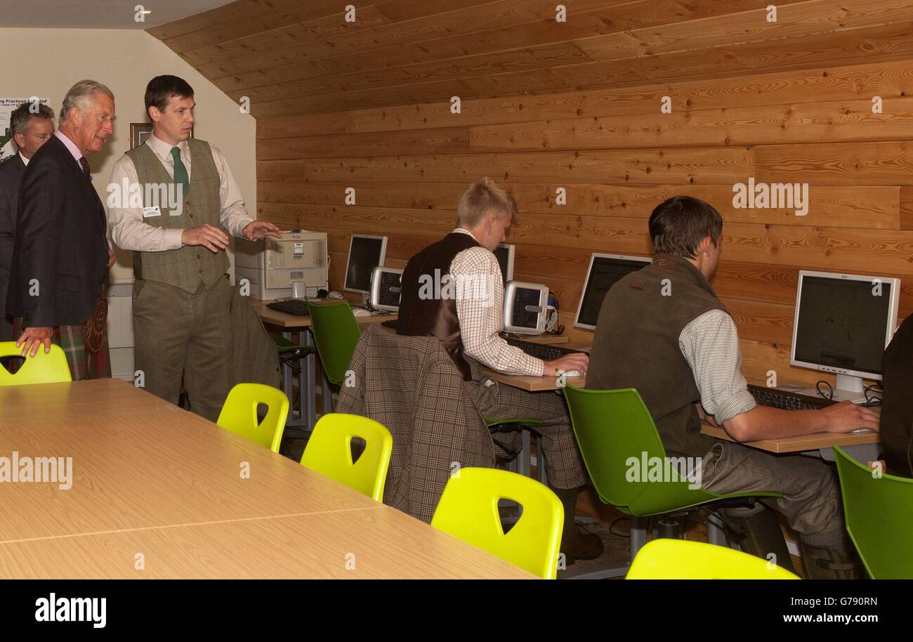 The Duke of Rothesay with tutor David Shaw as gamekeeping students work on their computers, during a visit to North Highland College land-based centre for game keeping and veterinary nursing in Halkirk. Stock Photo