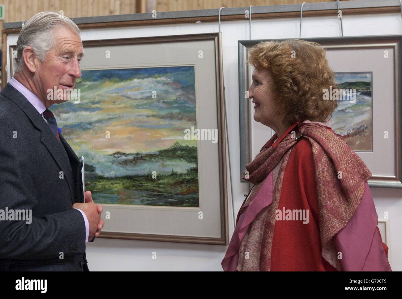 The Duke of Rothesay speaks with artist Jenny Bruce, during a visit to the Society of Caithness Artists' exhibition at Thurso High School. Stock Photo