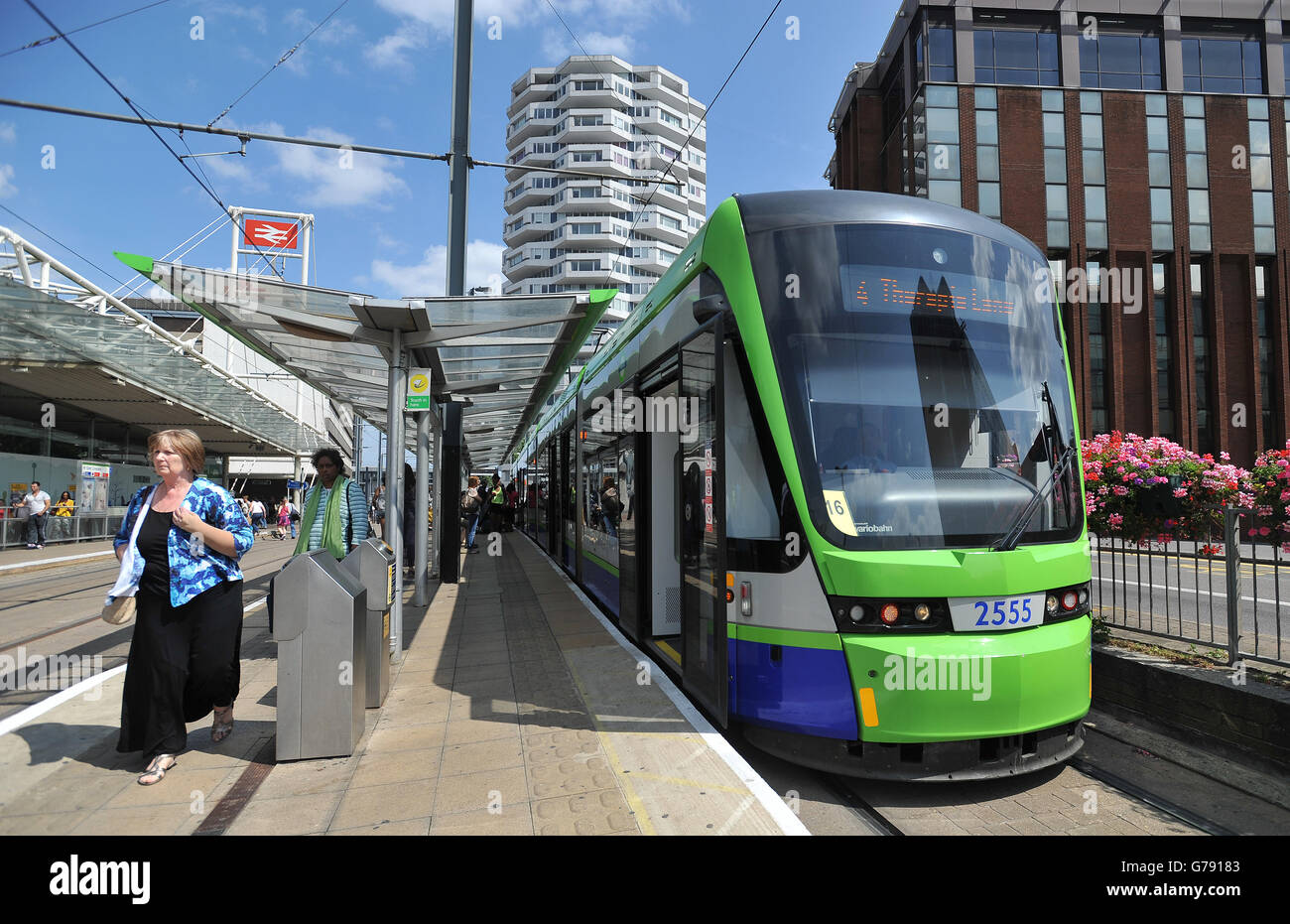 A Tramlink tram stops at East Croydon station in Croydon, Surrey Stock