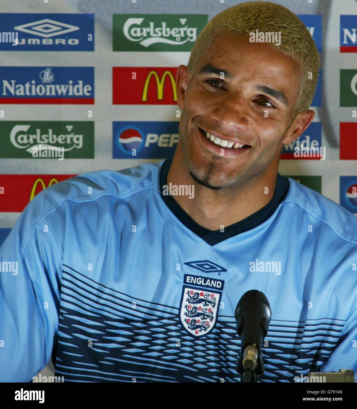 England goalkeeper David James talks to the media during a press
