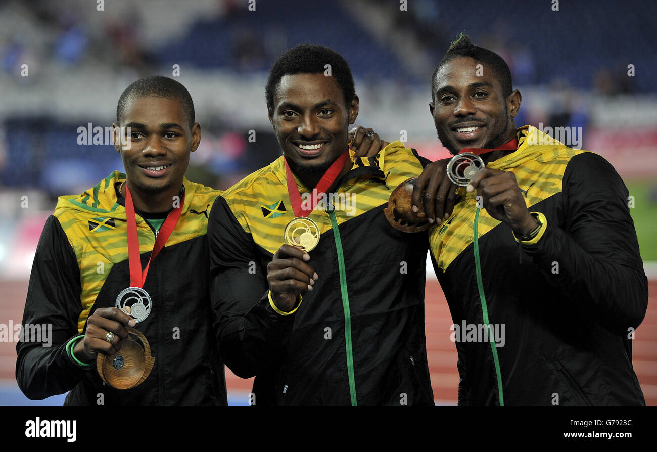 Jamaica's Rasheed Dwyer (centre) celebrates winning with second placed ...