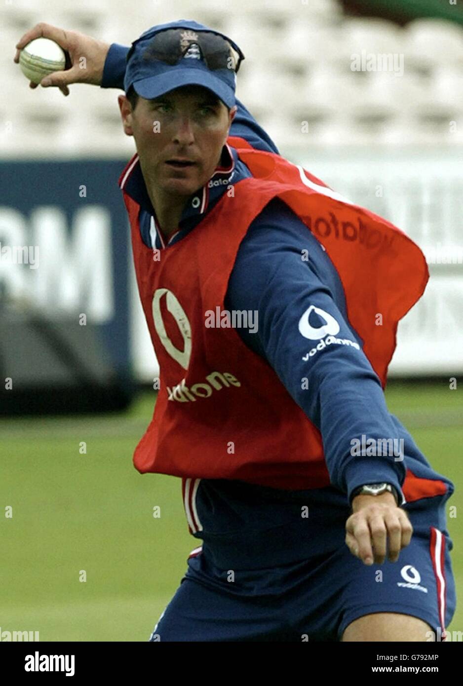 England's captain Michael Vaughan throws the ball during net practice at Old Trafford, Manchester. South Africa will face England in the NatWest Series at Old Trafford. Stock Photo