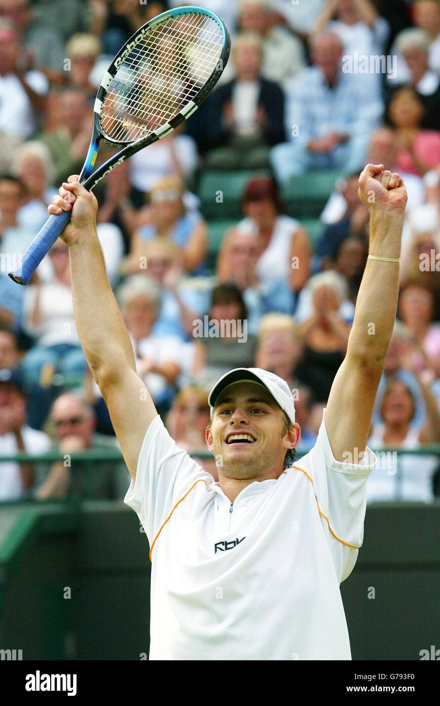 Andy Roddick from the USA celebrates defeating Jonas Bjorkman from Sweden 6:4/6:2/6:4 in their quarter-final match at the All England Lawn Tennis Championships at Wimbledon. Stock Photo