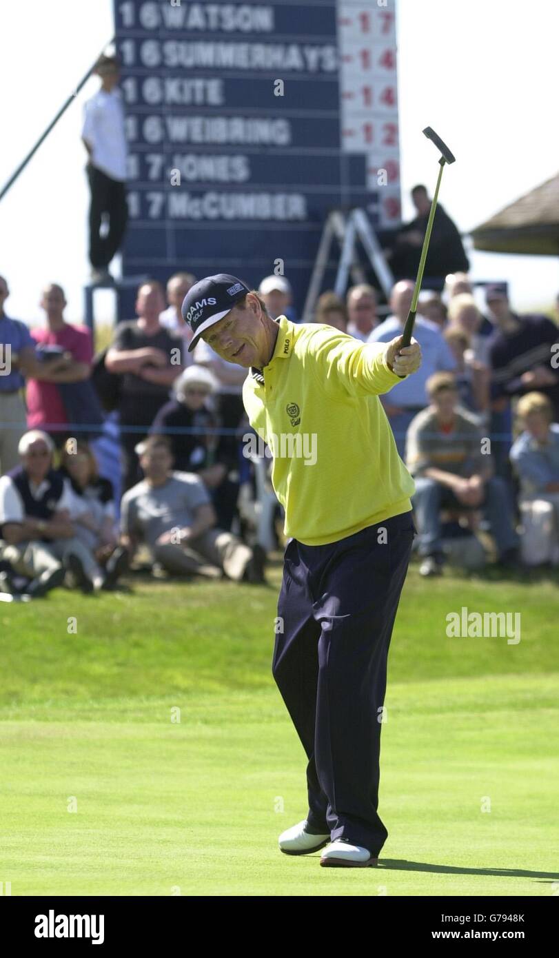 USA's Tom Watson celebrates his putt on the seventeenth green on his