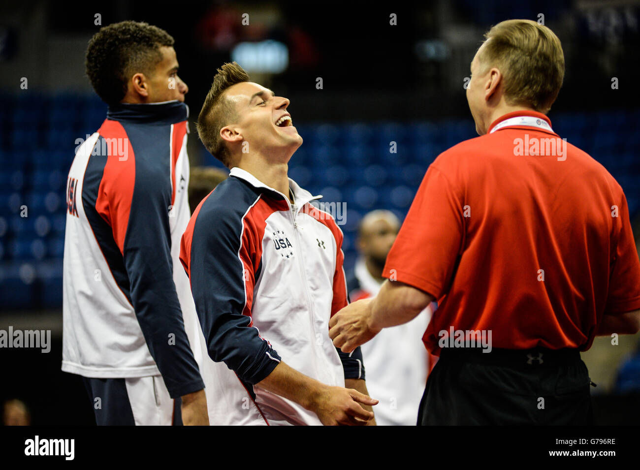 St Louis Missouri Usa 25th June 16 Sam Mikulak Jokes With His Coach Before The Final Night Of Competition Of 16 Us Men S Gymnastics Olympic Team Trials Held In Chaifetz Arena St