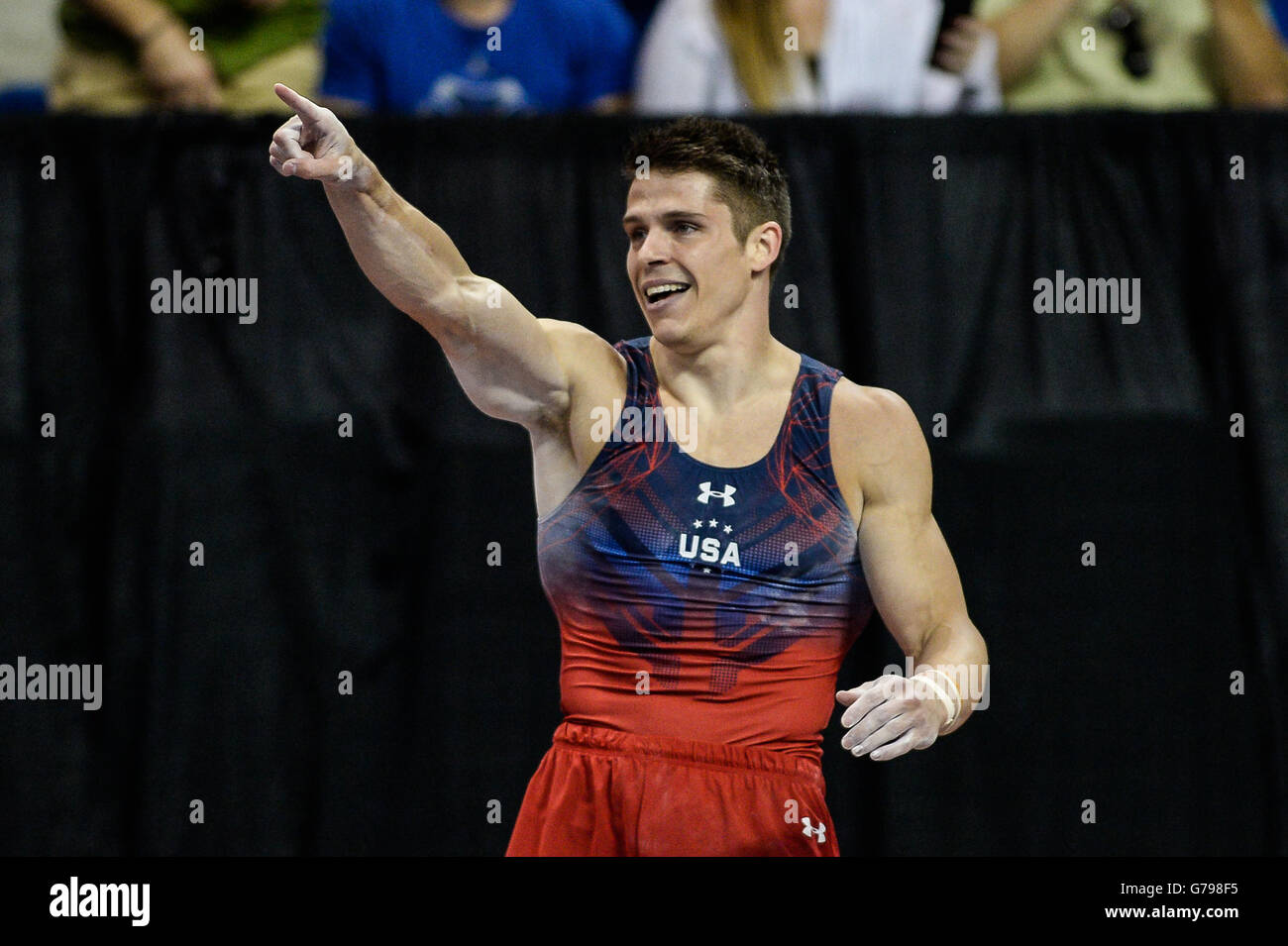 St Louis Missouri Usa 25th June 16 Chris Brooks Celebrates After His Floor Routine During The Final Night Of Competition During The 16 Us Men S Gymnastics Olympic Team Trials Held In Chaifetz St Louis Missouri Usa 25th June 16 Chris Brooks Celebrates After His Floor Routine During The Final Night Of Competition During The 16 Us Men S Gymnastics Olympic Team Trials Held In Chaifetz