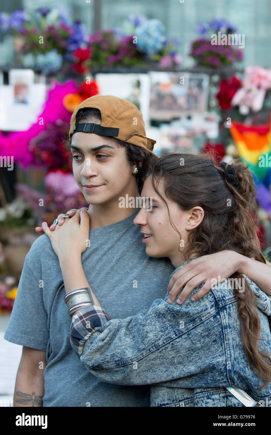 San Francisco, California, USA. 25th June, 2016. A couple embraces at a
