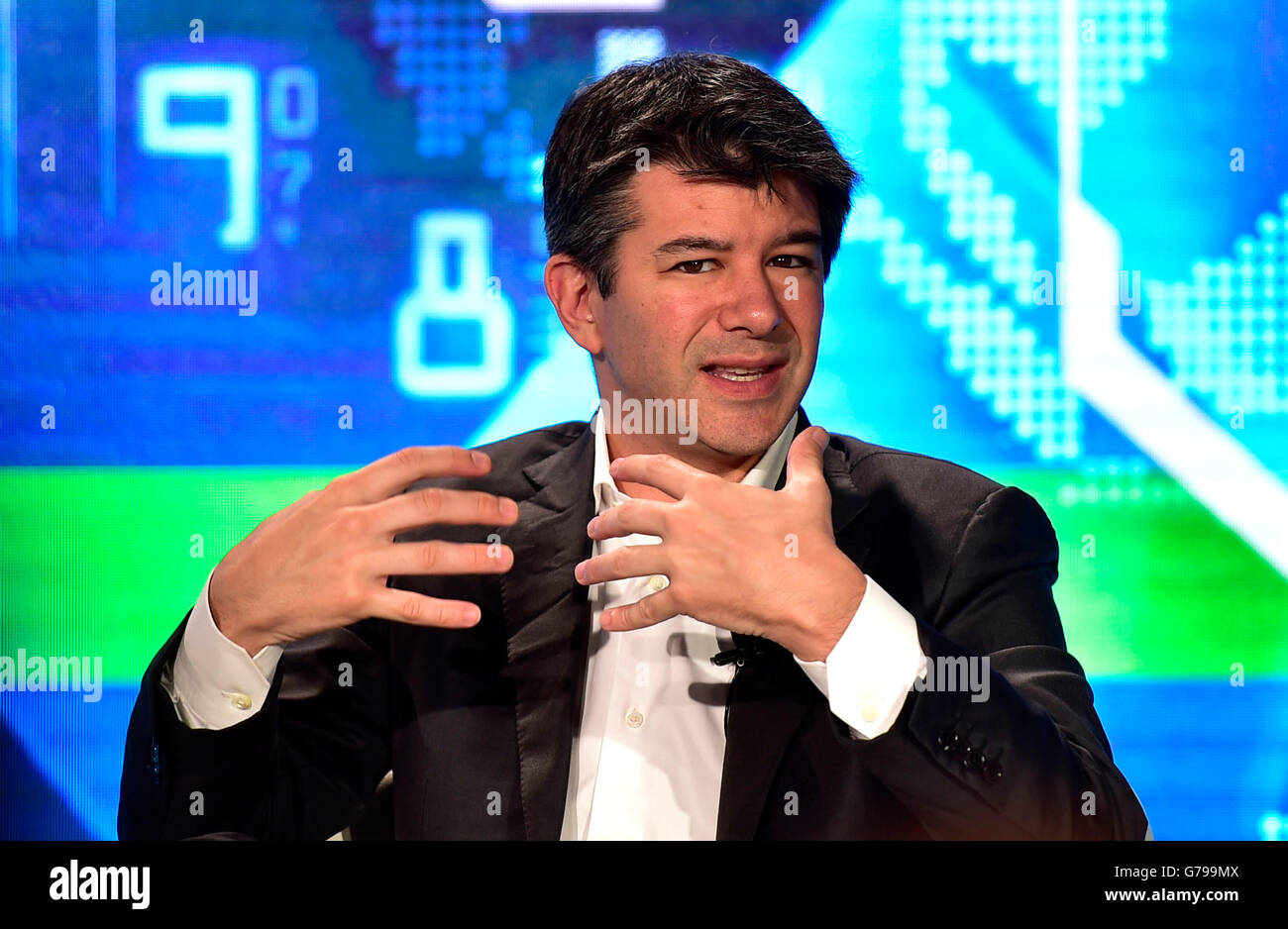 Tianjin, China. 26th June, 2016. Travis Kalanick, current CEO of the transportation network company Uber, speaks during a session named 'Technology Tipping Points: Digital Ubiquity' of the Annual Meeting of the New Champions 2016, or the Summer Davos Forum, in Tianjin, north China, June 26, 2016. Credit:  Yue Yuewei/Xinhua/Alamy Live News Stock Photo