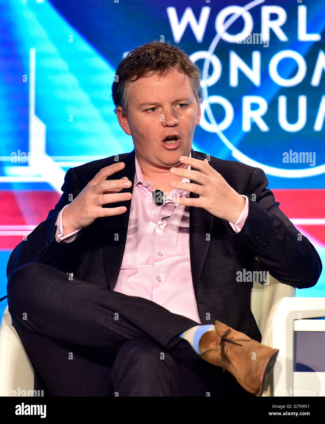 Tianjin, China. 26th June, 2016. Matthew Prince, co-founder and CEO of CloudFlare, speaks during a session named 'Technology Tipping Points: Digital Ubiquity' of the Annual Meeting of the New Champions 2016, or the Summer Davos Forum, in Tianjin, north China, June 26, 2016. Credit:  Yue Yuewei/Xinhua/Alamy Live News Stock Photo