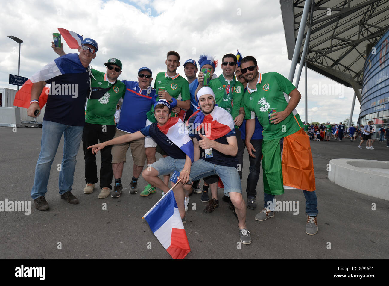 26.06.2016. Lyon, France. UEFA European 2016 Football Championships, last 16. France versus Republic of Ireland.  Supporters of both teams in fancy dress Stock Photo