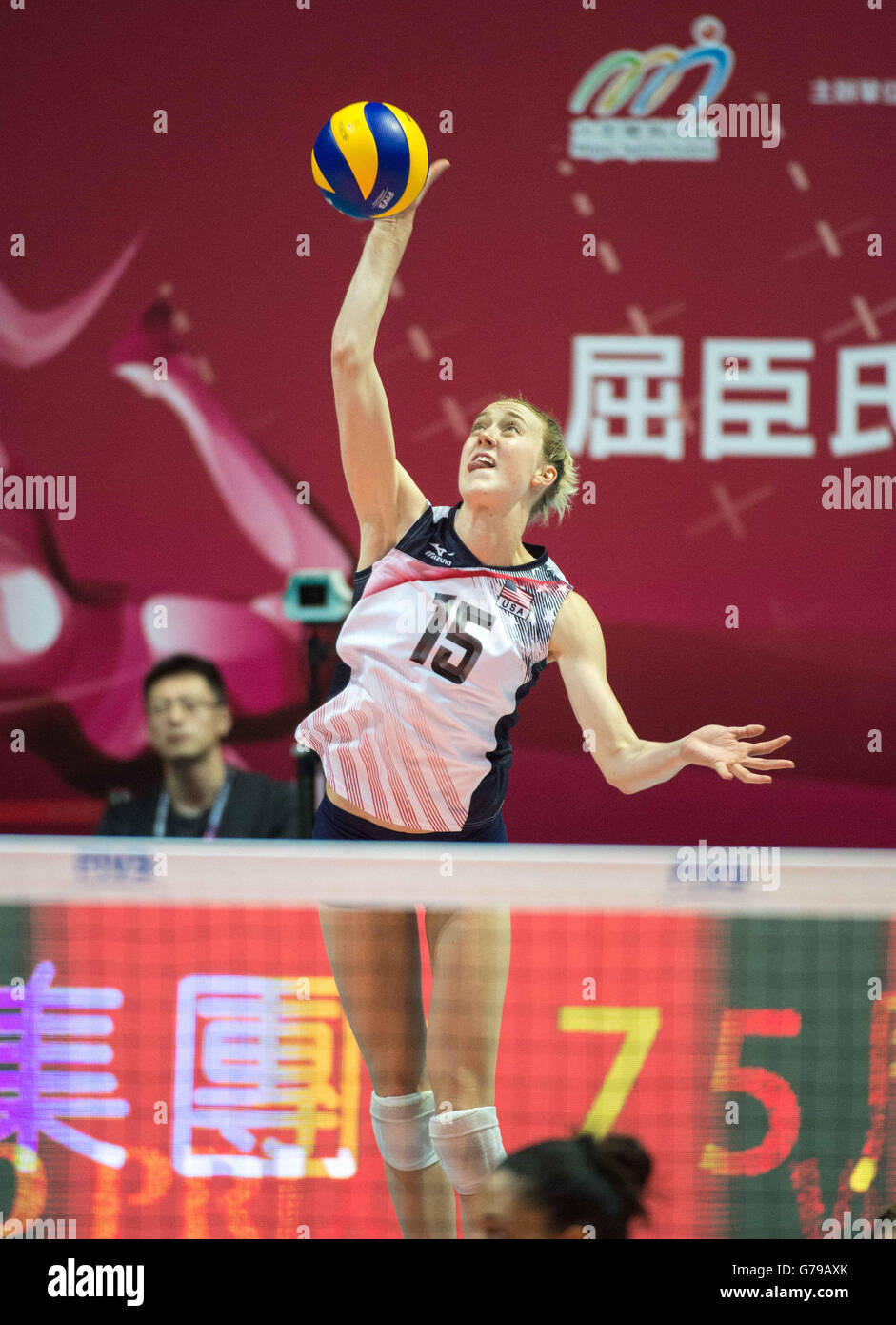 Hong Kong, Hong Kong S.A.R, China. 26th June, 2016. KIMBERLY HILL of the USA serves for her team.FIVB Volleyball World Grand Prix Hong Kong 2016. USA secure a 3-0 win over China at the Hong Kong Coliseum with scores of 25-19, 25-21, 25-17 © Jayne Russell/ZUMA Wire/Alamy Live News Stock Photo