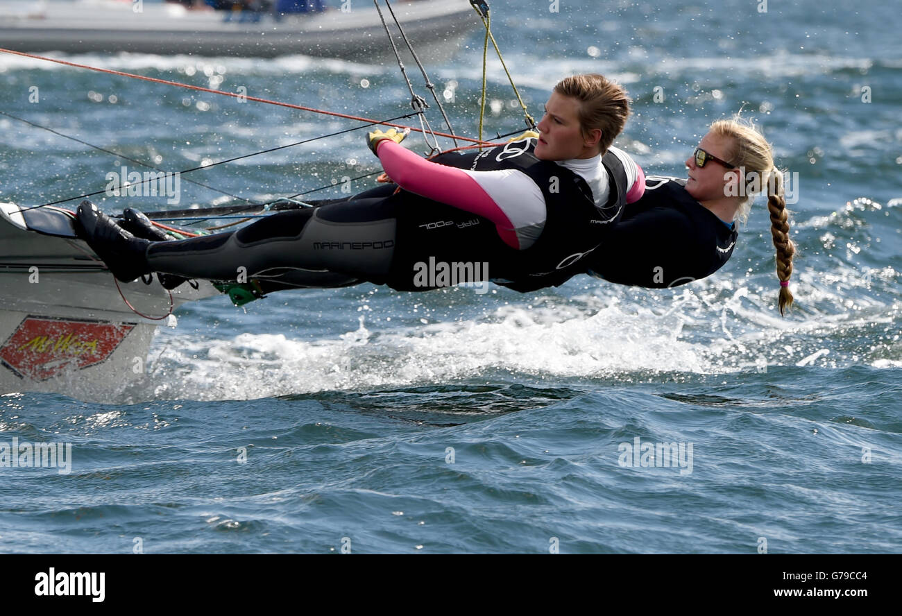 Kiel, Germany. 26th June, 2016. Ann Kristin (R) and Pia Sophie Wedemeyer in action during the 49 FX race at Kiel Week in Kiel, Germany, 26 June 2016. The annual Kiel Week runs from 18 June to 26 June 2016, the largest sailing event in the world, with around 4000 sailboats participants in 2016. Photo: CARSTEN REHDER/dpa/Alamy Live News Stock Photo