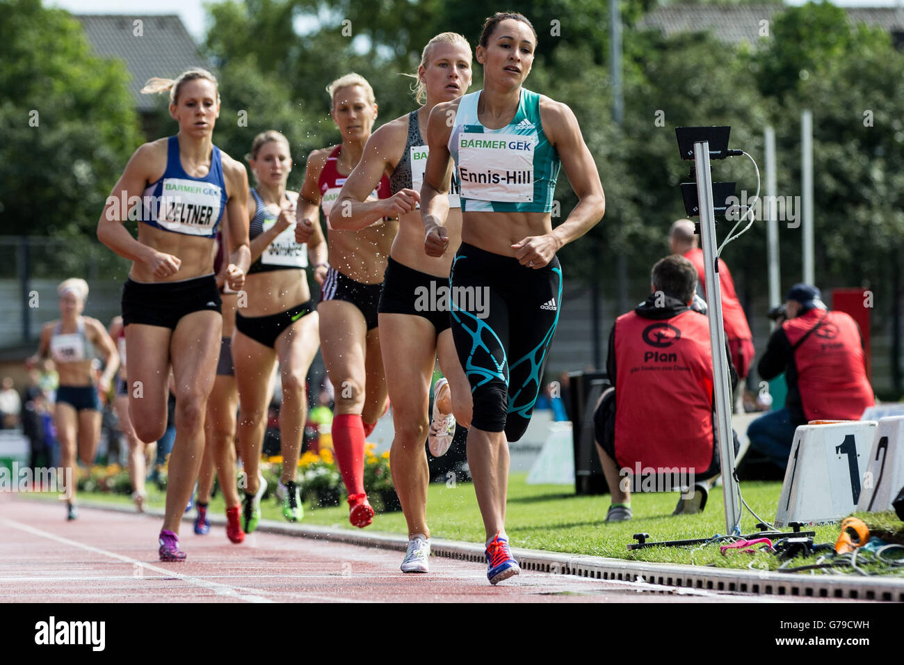 Ratingen, Germany. 26th June, 2016. British heptathlete Jessica Ennis-Hill (R-L), Verena Preiner of Austria, Jennifer Oeser, Carolin Schaefer of Germany and Michelle Zeltner of Switzerland in action during the 800-metre race at the Combined Events Challenge meeting in Ratingen, Germany, 26 June 2016. Photo: MAJA HITIJ/dpa/Alamy Live News Stock Photo