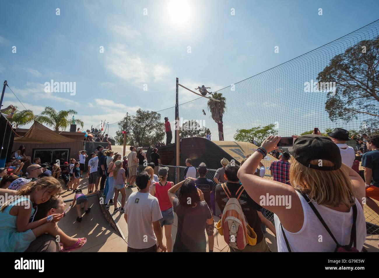 San Diego, CA, US. 25th June, 2016. On a sunny Saturday, young and old turned out for the 10th annual Clash at Clairemont.There was a skateboarder cross, as well as a high jump contest, half pipe demo, pool riding, live music, all to benefit the local YMCA, and the Grind for life charity.Both Locals and Skateboarding legends turned out to help support the cause.Put together by Skating Legend Andy MacDonald.Andy had a few friends including, legendary skater Tony Hawk, Bob Burnquist, Lincoln Ueda, Ryan Sheckler, and many more. Credit:  Daren Fentiman/ZUMA Wire/Alamy Live News Stock Photo