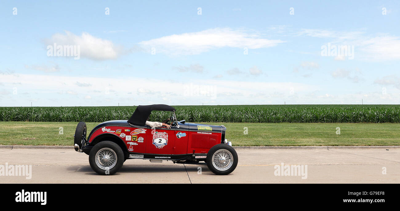 Walcott, Iowa, USA. 26th June, 2016. Driving a 1932 Ford Roadster Hemming's Motor News Great Race competitors Curtis Graf and Wayne Bell make their way to the Iowa 80 Trucking Museum Sunday, June 26, 2016 for a lunch stop in the Hemming's Motor News Great Race, a cross-country road rally of antique vehicles. Credit:  Kevin E. Schmidt/Quad-City Times/ZUMA Wire/Alamy Live News Stock Photo