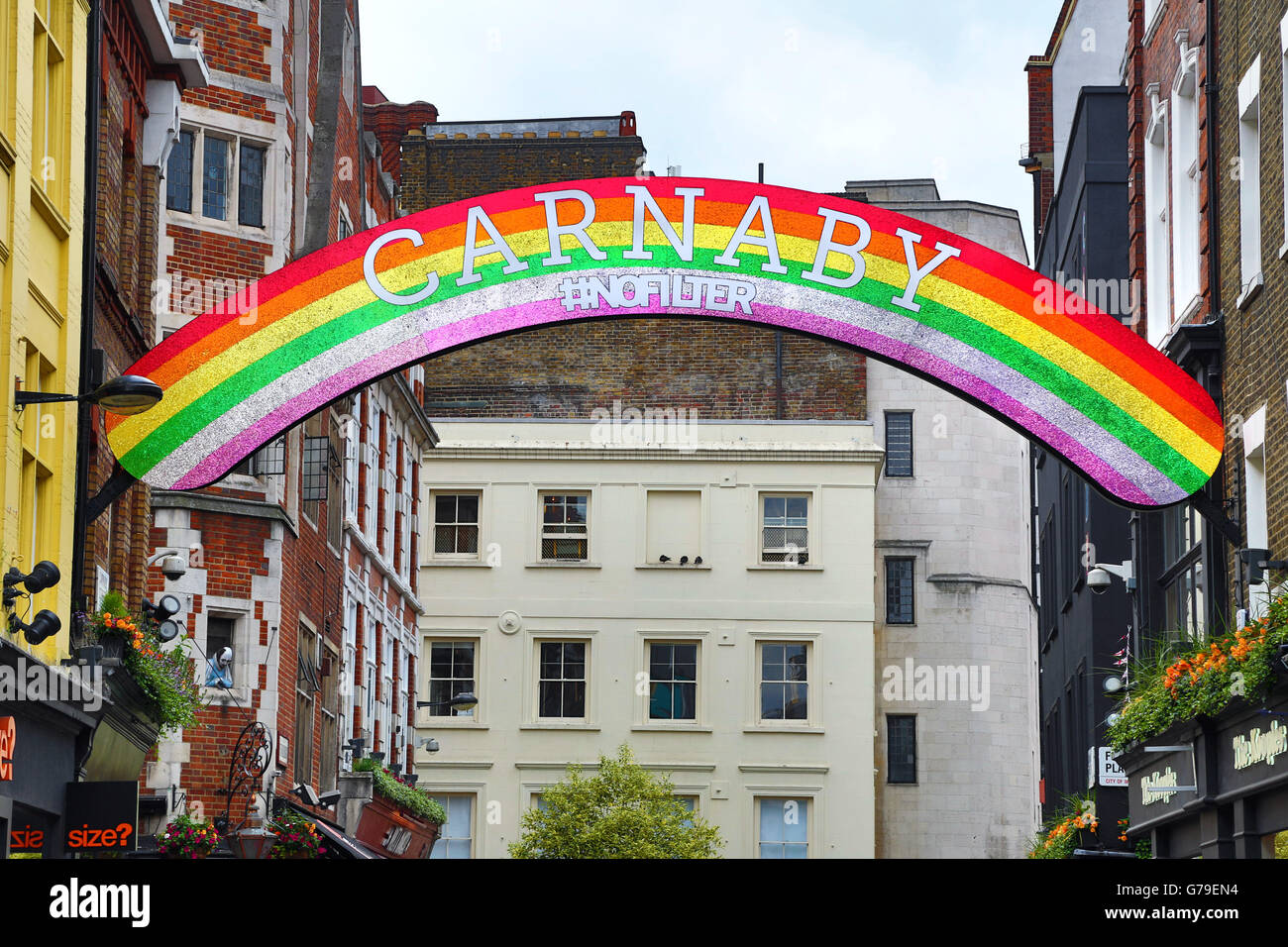 London, UK. 26th June 2016. Rainbow flags on Carnaby Street for Pride in London Credit:  Paul Brown/Alamy Live News Stock Photo