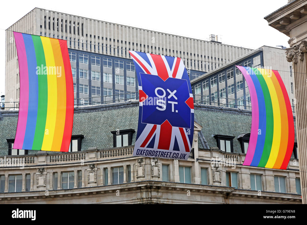 London, UK. 26th June 2016. Rainbow flags on Oxford Street for Pride in London Credit:  Paul Brown/Alamy Live News Stock Photo