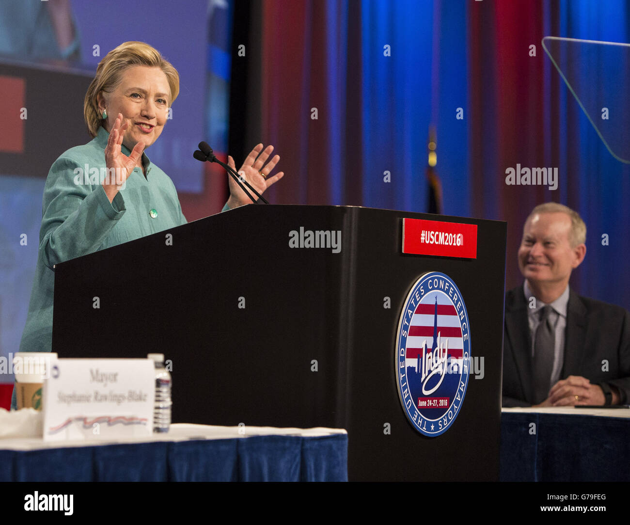 Indianapolis, Indiana, USA. 26th June, 2016. Presumptive Democratic presidential nominee HILLARY CLINTON spoke at the U.S. Conference of Mayors in Indianapolis, Indiana on Sunday, June 26, 2016 Credit:  Lora Olive/ZUMA Wire/Alamy Live News Stock Photo