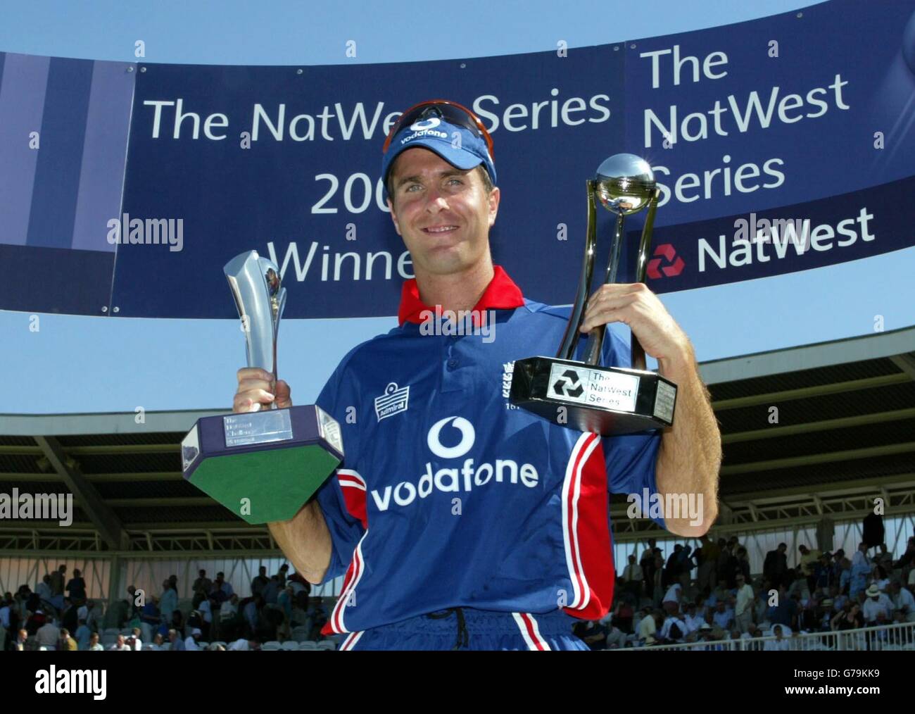 England captain Michael Vaughan with the NatWest Challenge Trophy (L