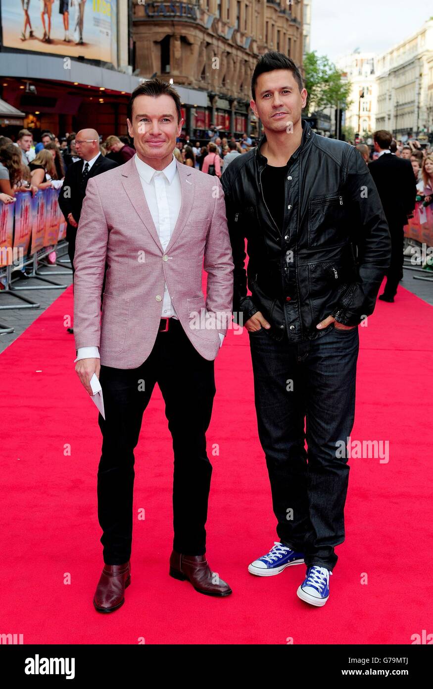 Greg Burns (left) and Jeremy Edwards attending the premiere of new film The Inbetweeners 2 at the Vue Cinema in London. Stock Photo