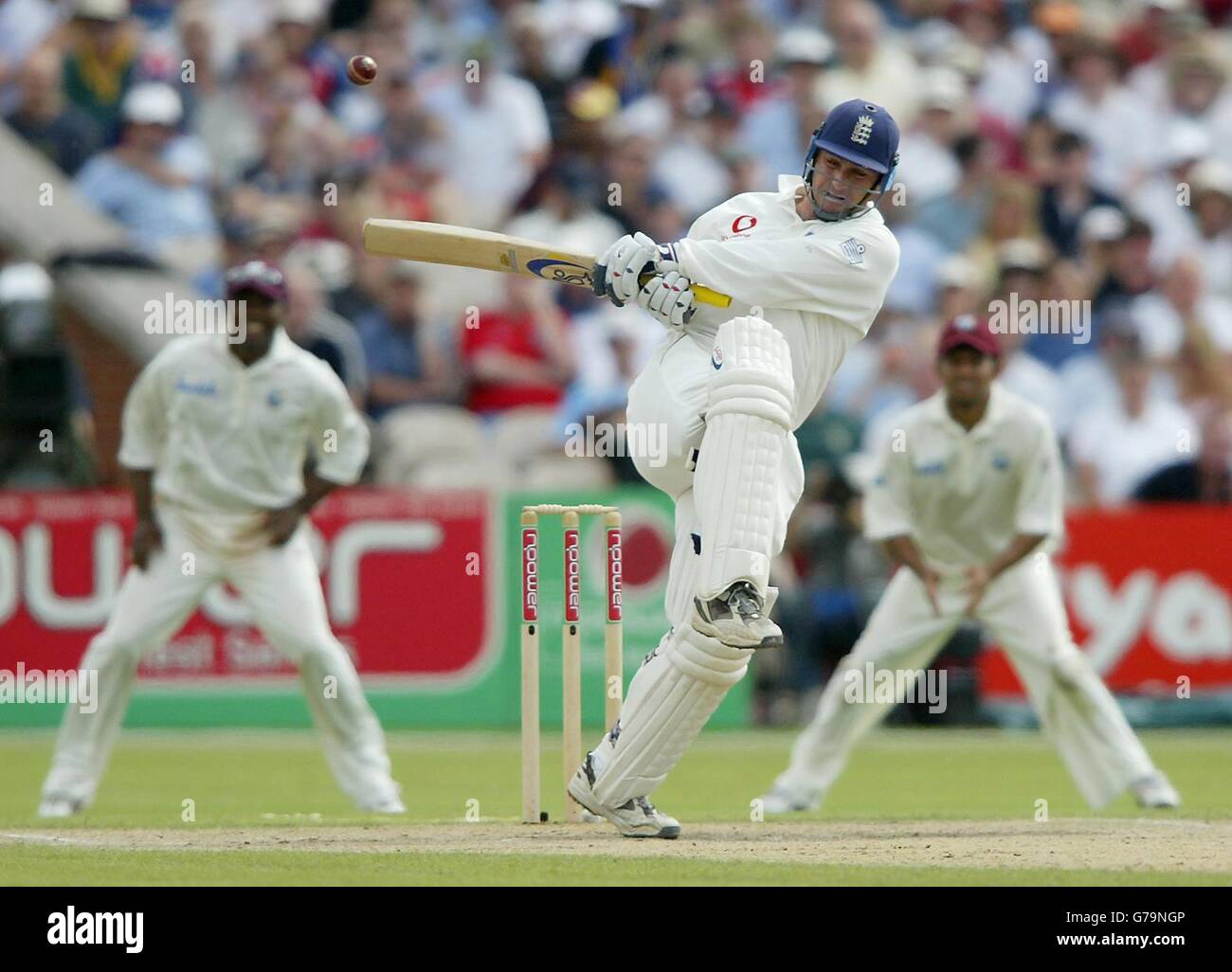 England's Graham Thorpe plays a shot off the bowling of West Indies' Corey Collymore during the fourth day of the third npower Test match at Old Trafford. Stock Photo