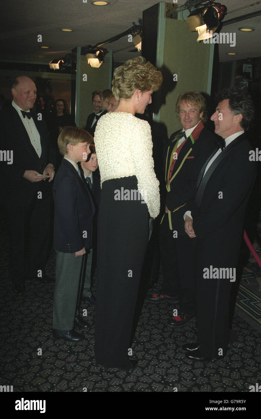 The Princess of Wales, accompanied by her sons Princes William and Harry, meet Dustin Hoffman (r) and Robin Williams at the Royal premiere of the film 'Hook' at the Odeon in Leicester Square, London. Stock Photo
