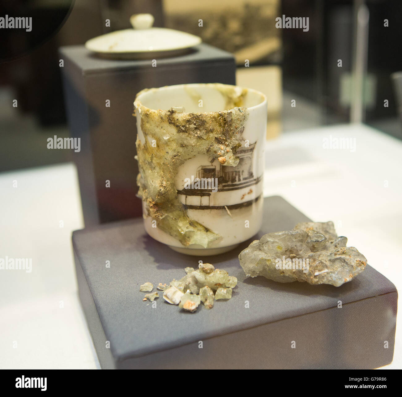 A Japanese jar and cover from the blast zone of Hiroshima in 1945 is part of the Famous and Infamous exhibition which includes highlights from the collection of Jersey collector David Gainsborough Roberts at Christie's in London. Stock Photo