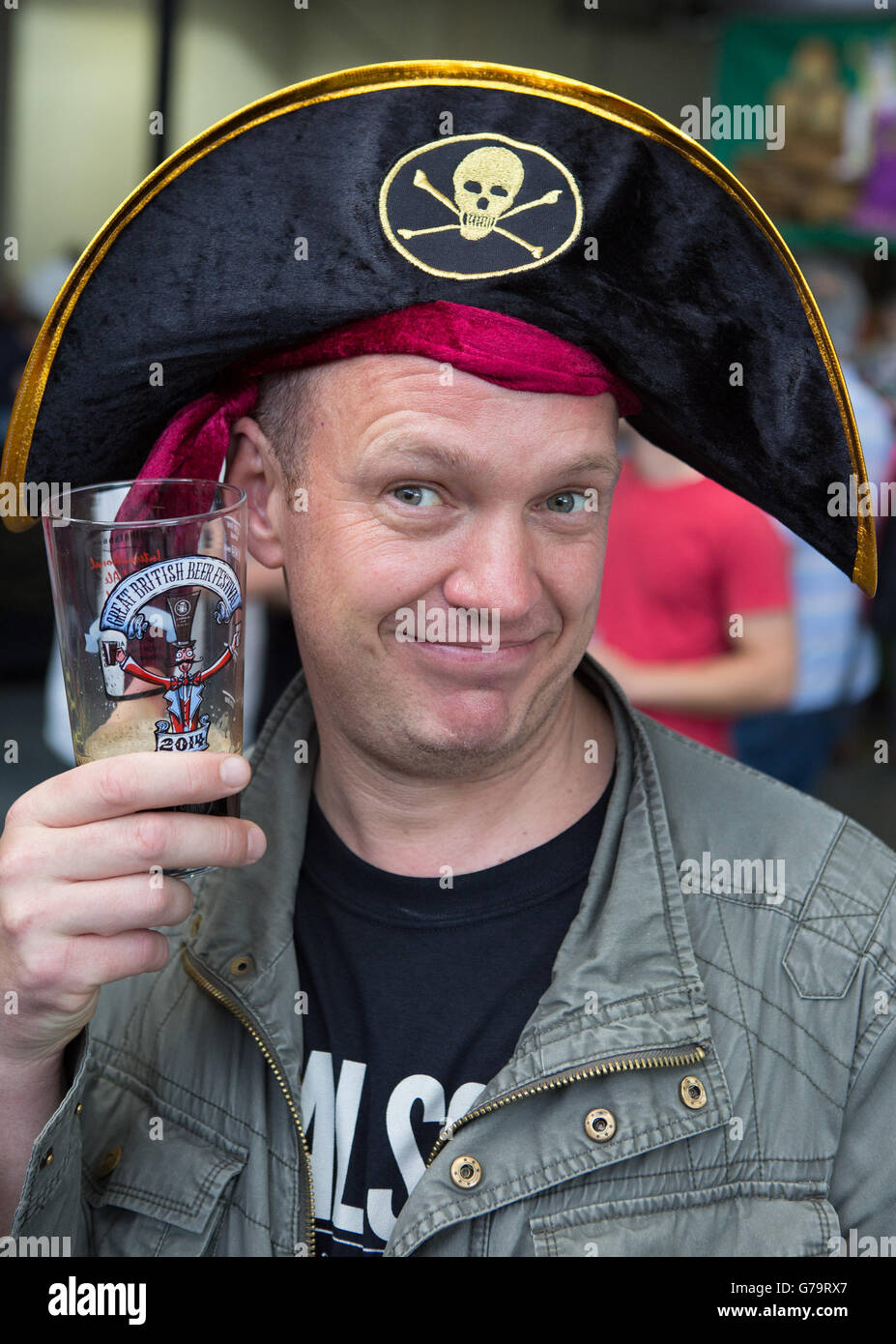 A beer drinker dressed as pirate enjoying the Great British Beer Festival at Olympia London, where Prince Harry made an unofficial visit yesterday. Stock Photo