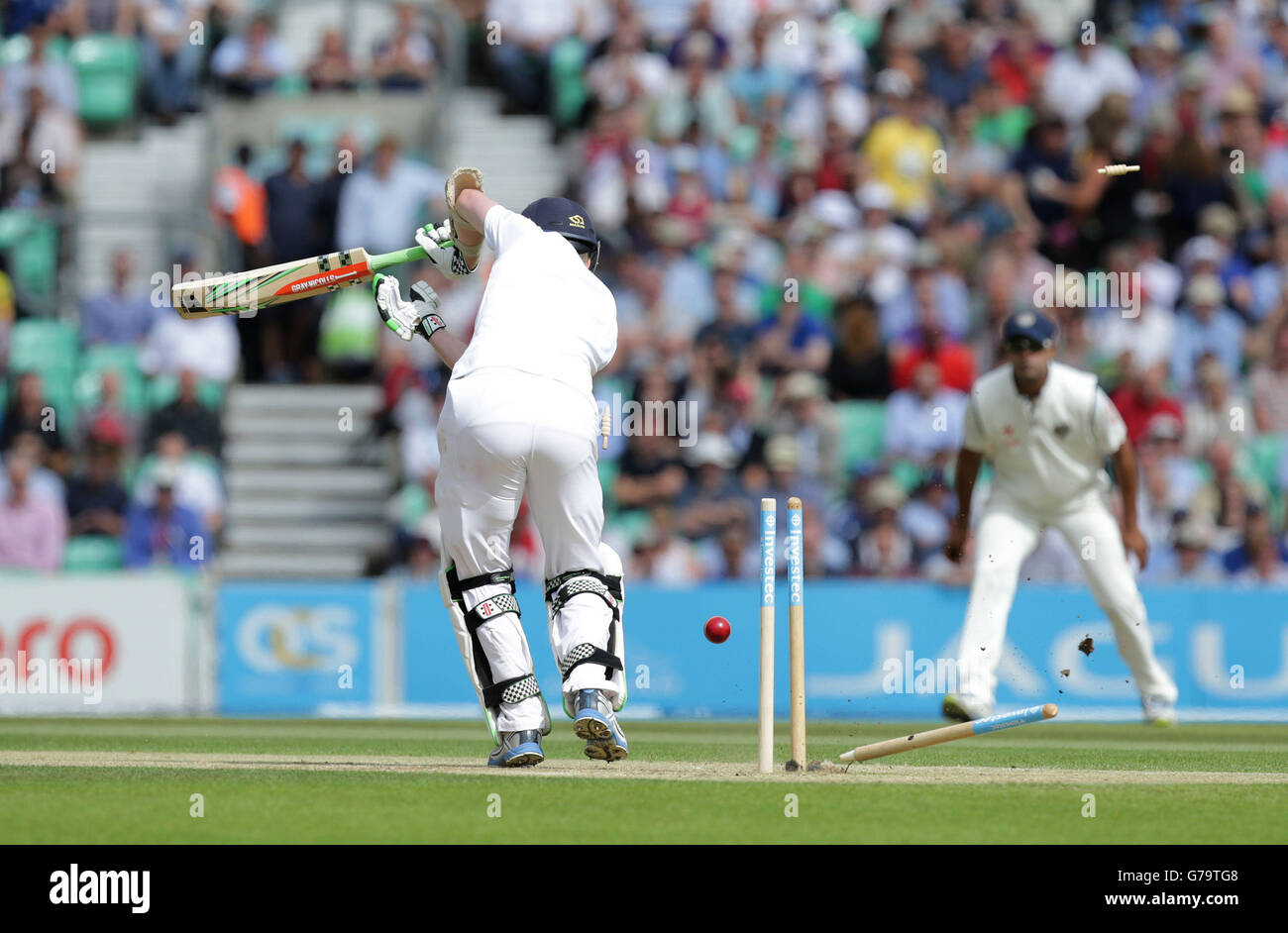 England's Sam Robson loses his wicket to India's Varun Aaron during the Fifth Test at The Kia Oval, London. Stock Photo