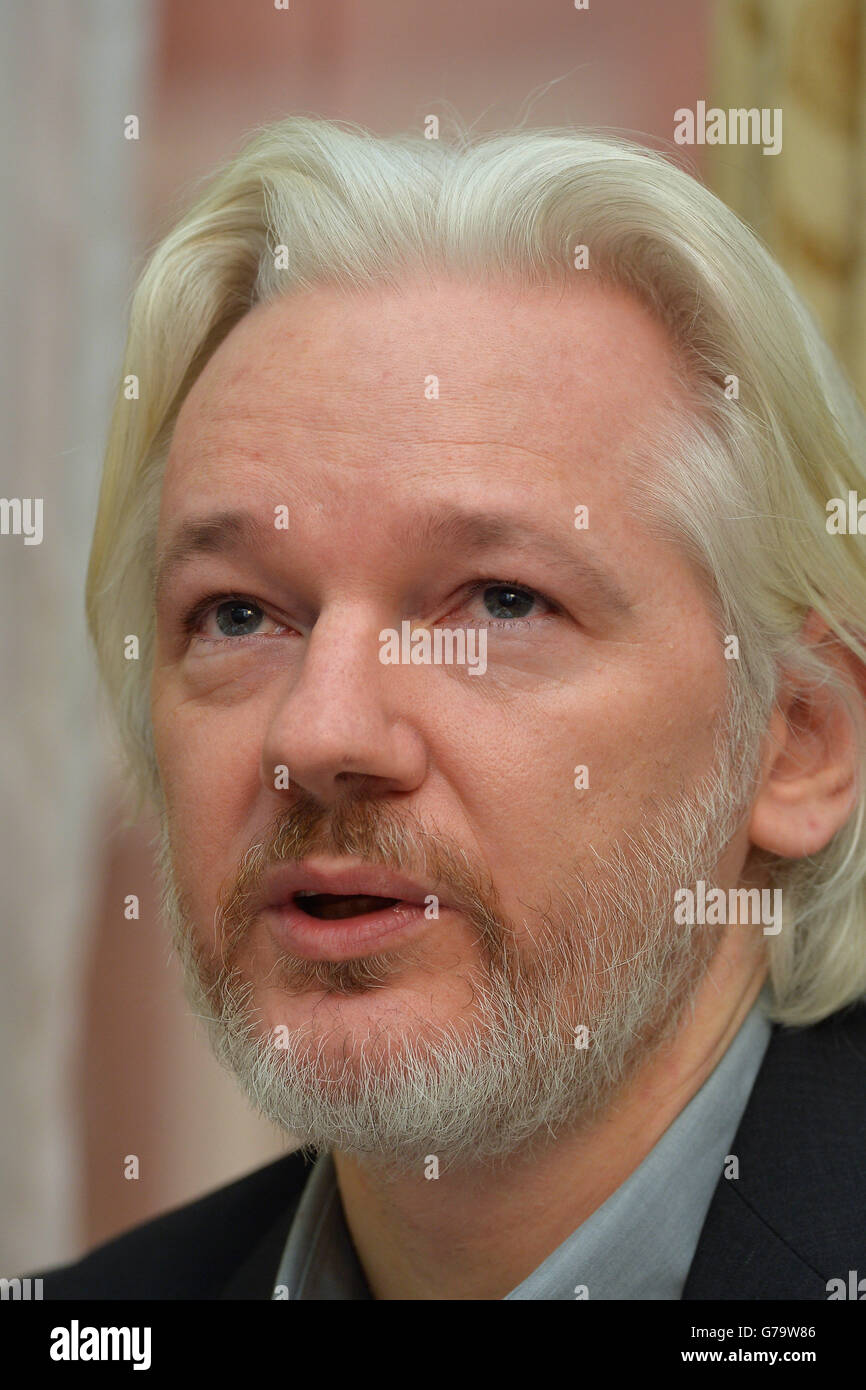 WikiLeaks founder Julian Assange during a press conference inside the Ecuadorian Embassy in London, where Assange confirmed he 'will be leaving the embassy soon'. Stock Photo