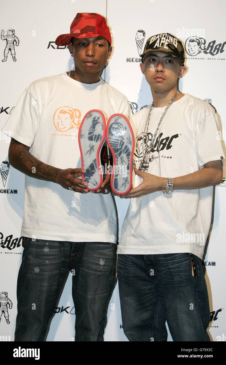 Pharrell Williams (left) and Nigo at the launch of an exclusive range of  Billionaire Boys Club clothing and Ice Cream footwear with RbK at the  Sanderson Hotel, London Stock Photo - Alamy