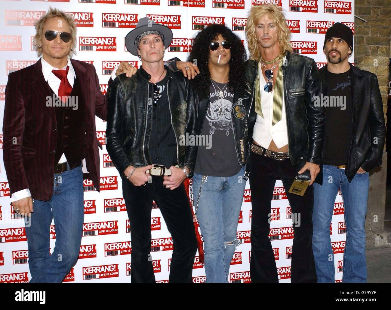 Matt Sorum, Scott Weiland, Slash, Duff McKagan and Dave Kushner of US group Velvet Revolver arrive for the 11th annual Kerrang! Awards at The Brewery in east London, organised by the rock music magazine Kerrang!. Stock Photo