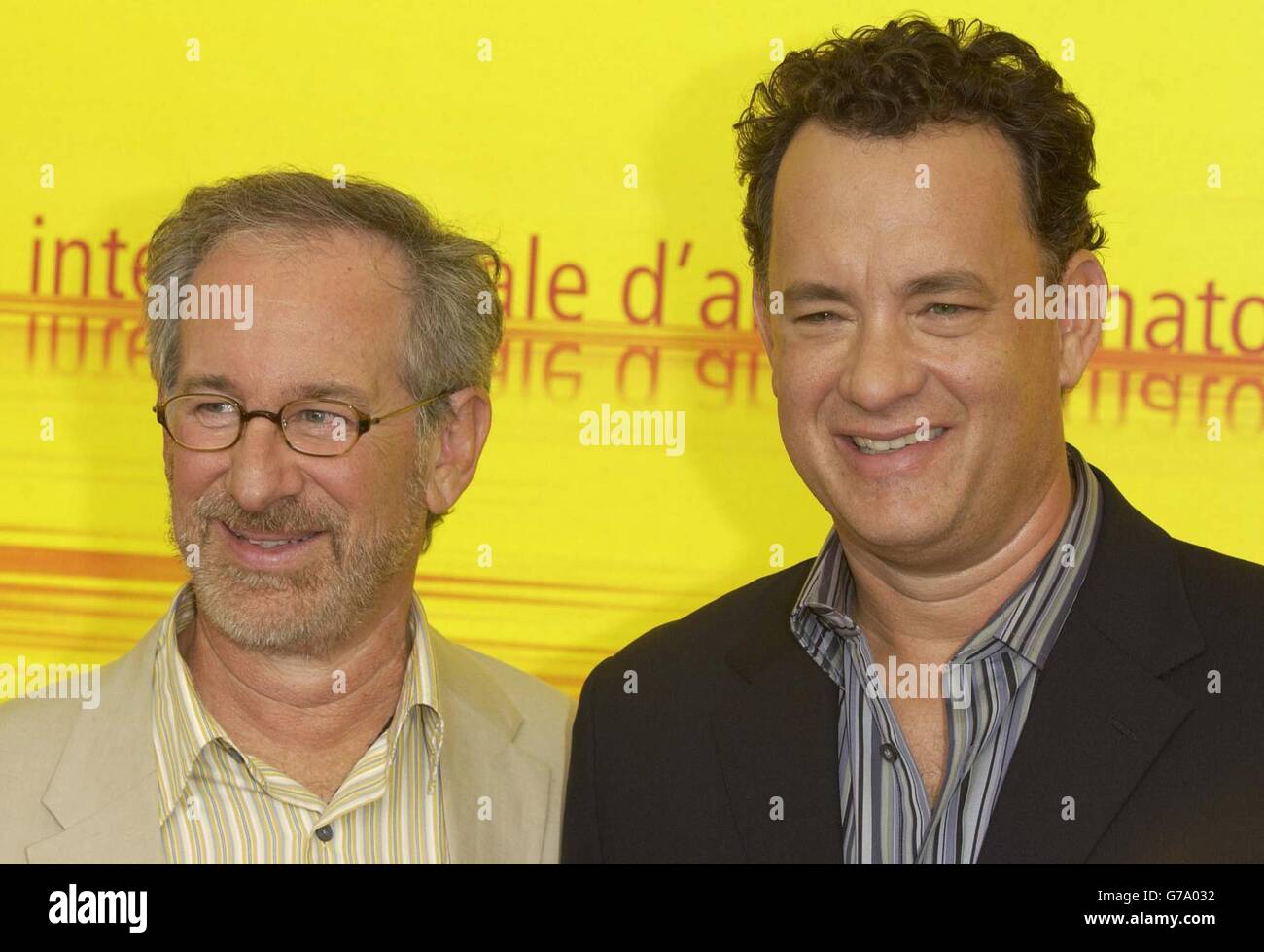Director Steven Spielberg (left) and actor Tom Hanks during a photocall at the Lido in Venice to promote his new film Terminal during the 61st International Venice Film Festival. Stock Photo