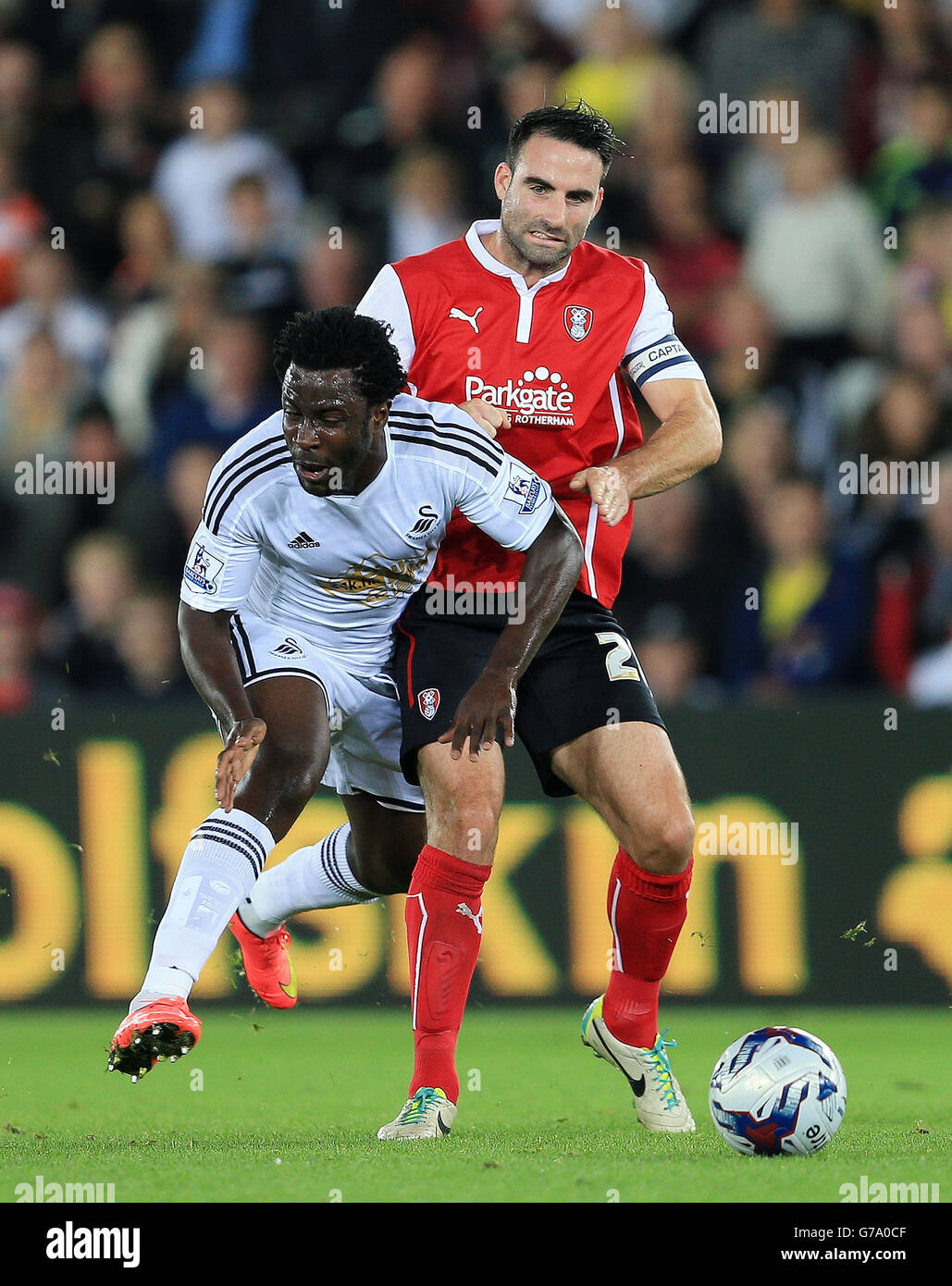 Rotherham United's Craig Morgan challenges Swansea City's Wilfried Bony ...