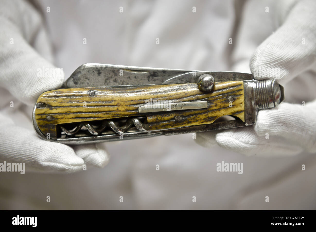 The penknife belonging to Isambard Kingdom Brunel with his initials engraved on it at the ss Great Britain in Bristol, part of the forthcoming 'Being Brunel' exhibition. Stock Photo