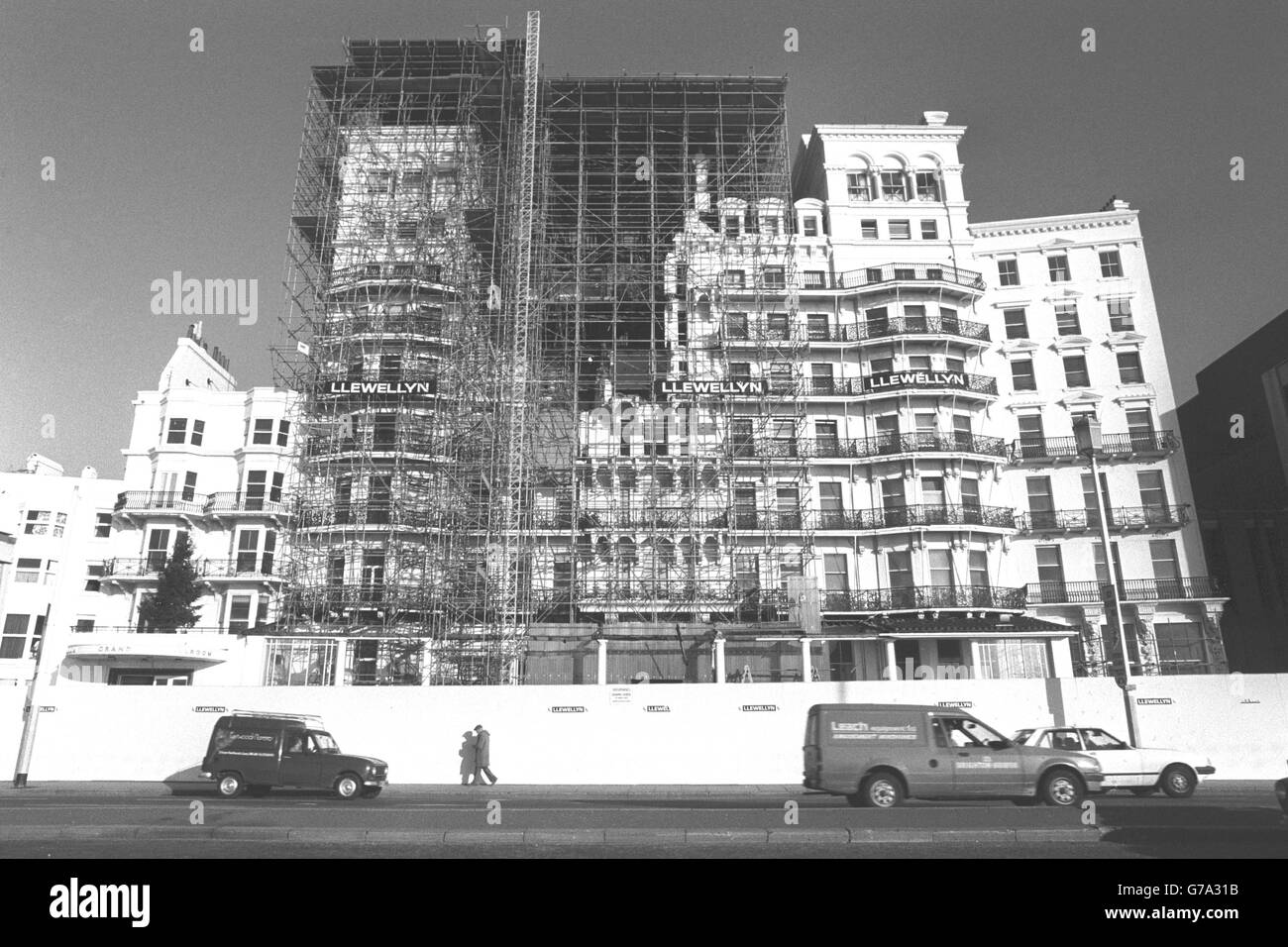 The front of the Grand Hotel in Brighton showing scaffolding supporting the damaged section caused by the IRA bomb during the Conservative Party Conference. Stock Photo