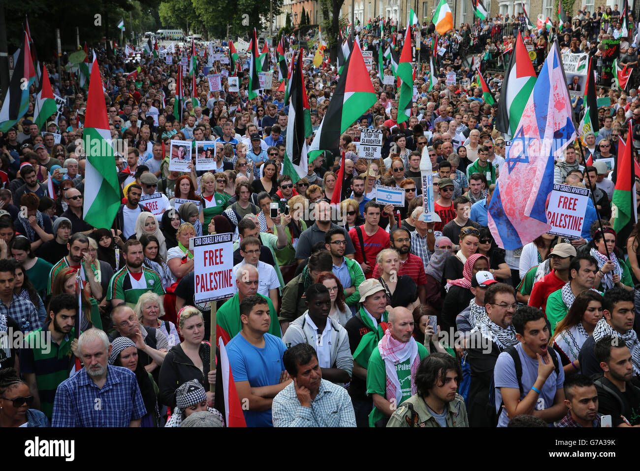 Thousands of protestors take to the streets of Dublin to express their opposition to the ongoing military action in Gaza. Stock Photo