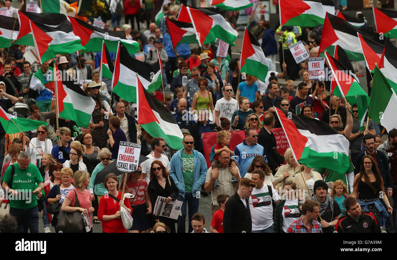 Thousands of protestors take to the streets of Dublin to express their opposition to the ongoing military action in Gaza. Stock Photo