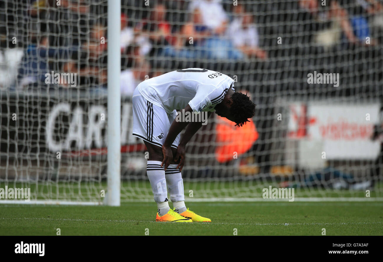 Swansea City's Wilfried Bony shows his dejection during the pre-season friendly at the Liberty Stadium, Swansea. Stock Photo