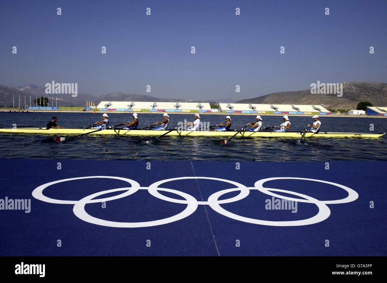 The Italy Men's eight during practice at the Olympic rowing centre. Stock Photo