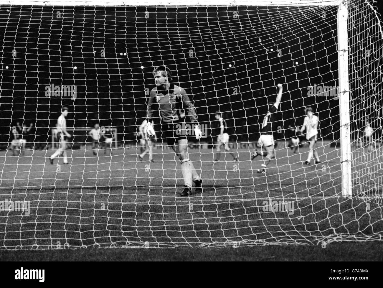 John Robertson turns away, arm raised in salute after scoring Scotland's second goal from a penalty during the World Cup qualifying match against Sweden at Hampden park. Scotland won 2-0, with Joe Jordan scoring the first goal. Stock Photo