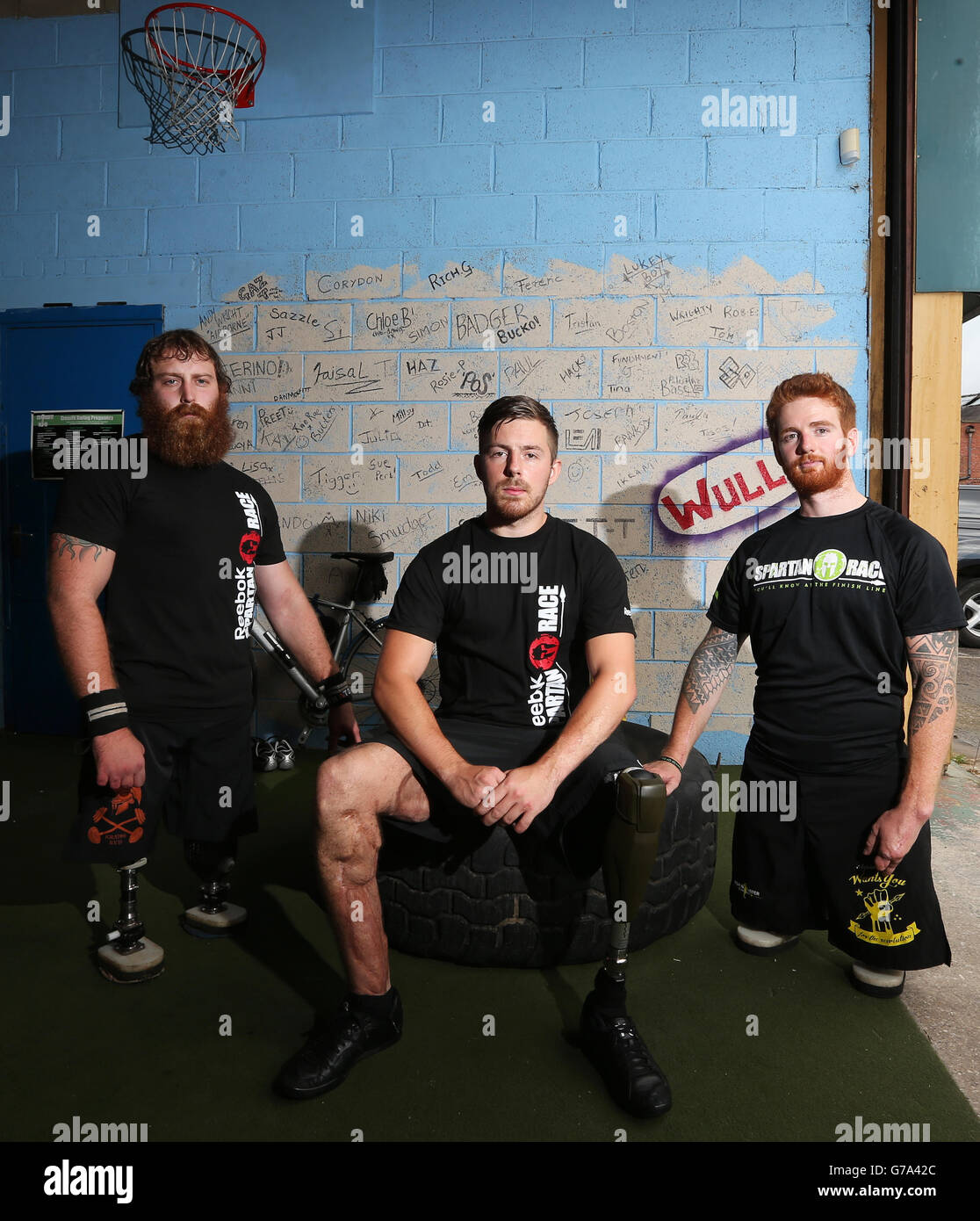Left to right. Stevie Richardson, Jake Bartlett and James Simpson at CrossFit, Leeds, ahead of taking part in the Spartan Race event. Stock Photo