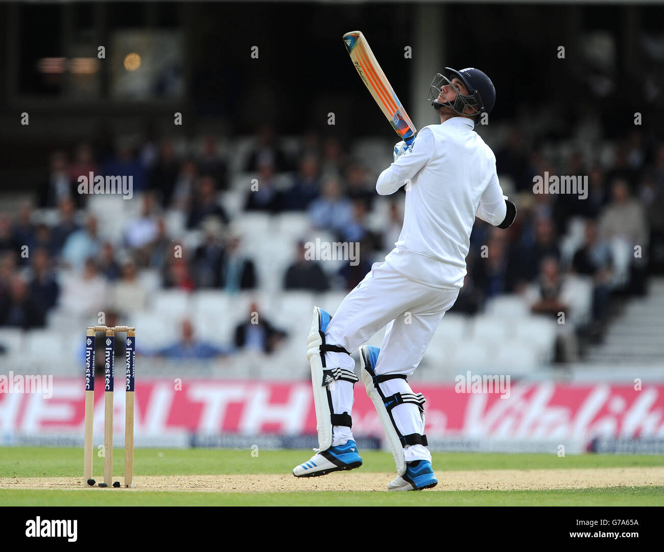 England's Stuart Broad in batting action against India during the Fifth Test at The Kia Oval, London. Stock Photo