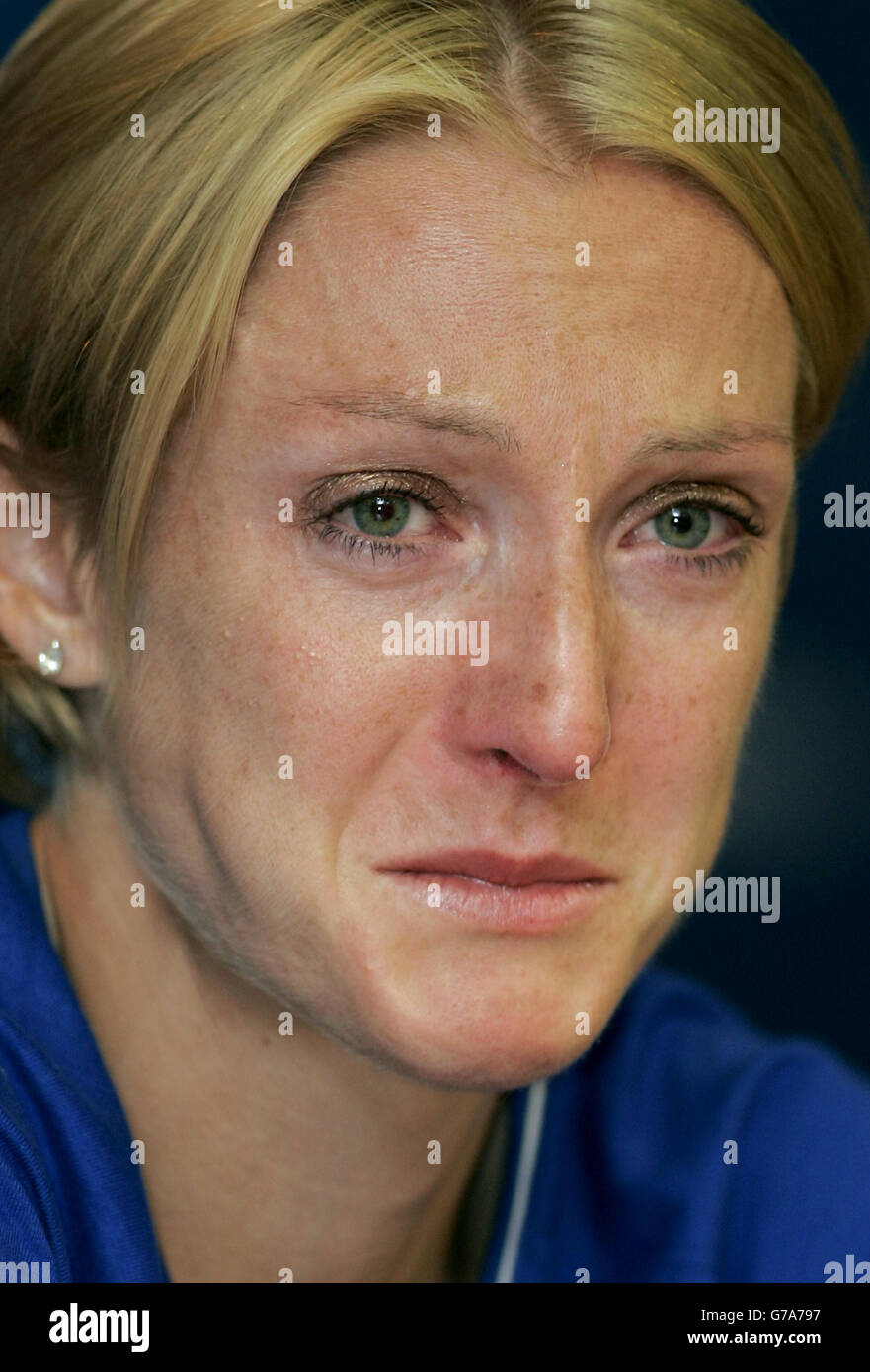 Great Britain's Paula Radcliffe speaks to the media in Athens, Greece, following her decision yesterday to pull out of the Olympic marathon at the 36km mark. Stock Photo