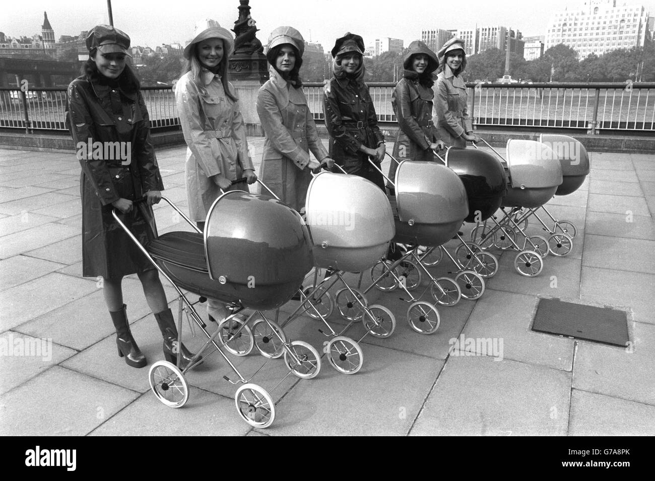 Patterson Edwards Ltd put these latest streamlined oval-shaped prams on parade on the South Bank. Available in six colours, they are expected to boost sales of prams. The prams have been designed to become a fashionable commodity, with lots of colour and eye appeal. Stock Photo