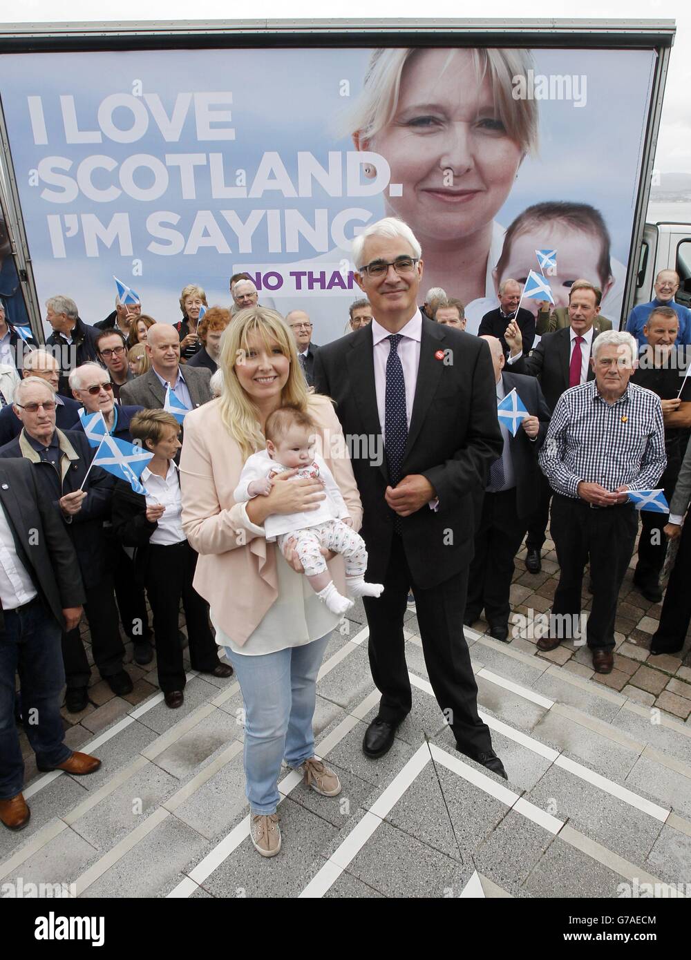 Better Together leader Alistair Darling launches a new ad van campaign with Leanne Williams and baby Charlotte near the Beacon Arts Centre in Greenock in Scotland, as the Scottish independence referendum campaign continues. Stock Photo