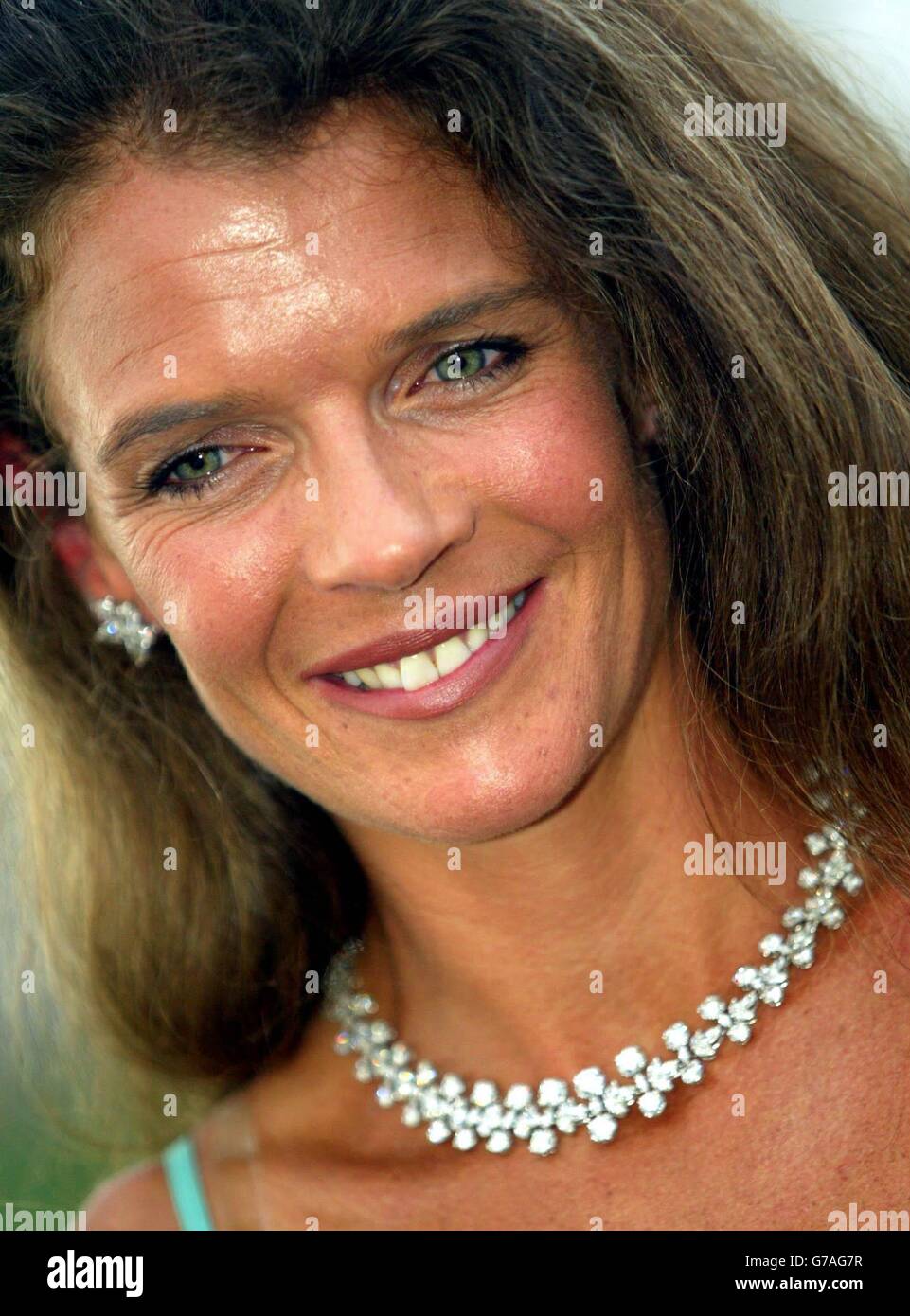 Annabel Croft models an exclusive De Beers diamond necklace worth $200,000 at Queen's Club, London in aid of Hope and Homes for Children. The tennis pundit and former British women's number one was at the Hope Tennis Tournament, a one-day charity event which also saw her show-off her ball skills alongside City executives. It is hoped the event will raise funds for the charity's vital work with orphaned or abandoned children in Eastern Europe and Africa. Stock Photo