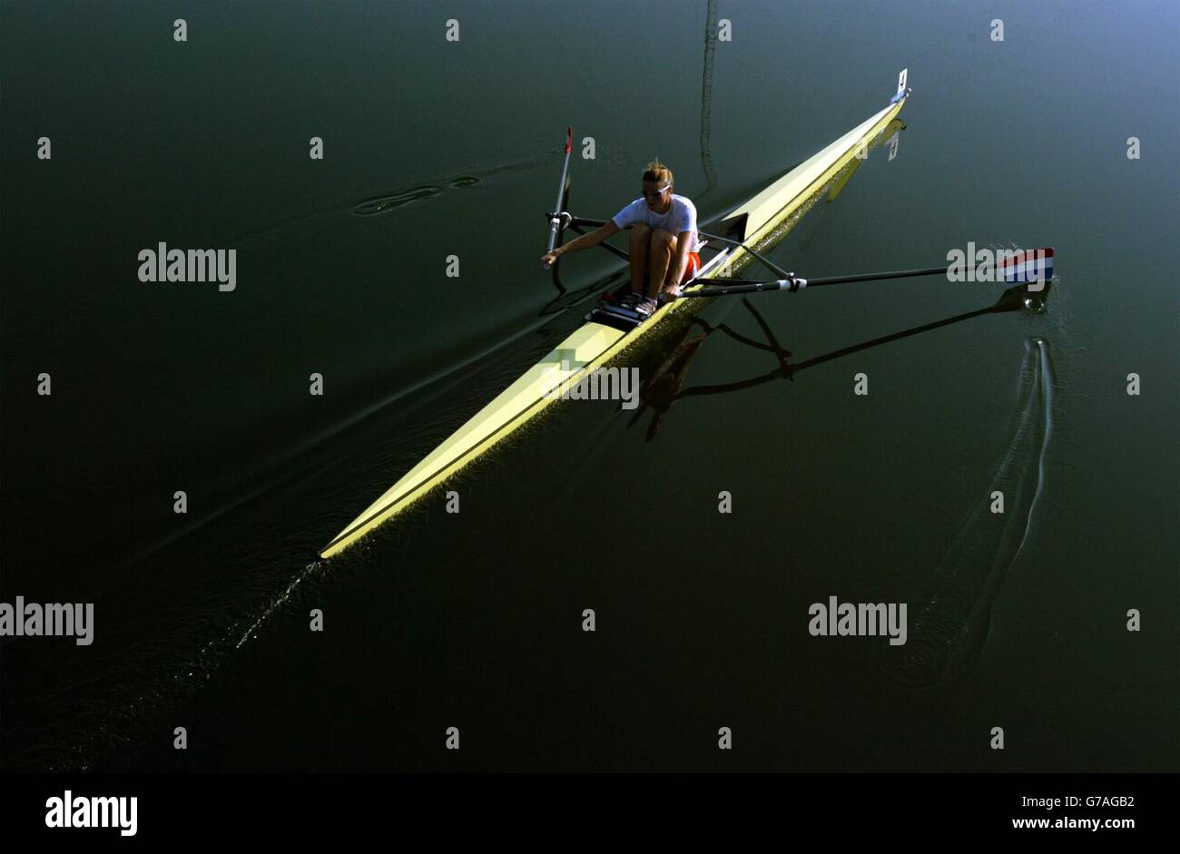 Holland's Femke Dekker in action during heat one of the women's single sculls at the Athens Olympics. Stock Photo